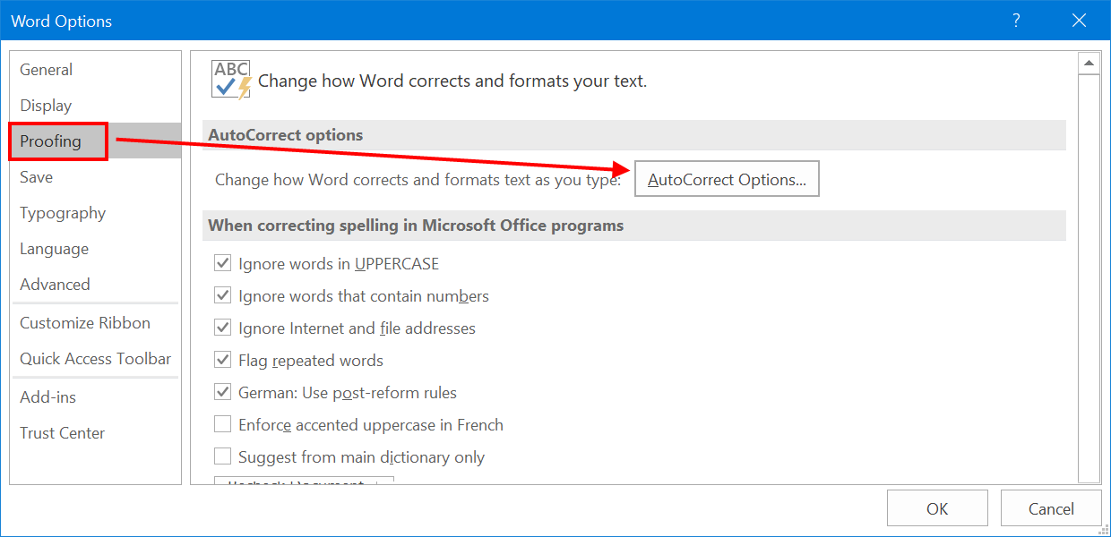 Word 中的自动更正选项