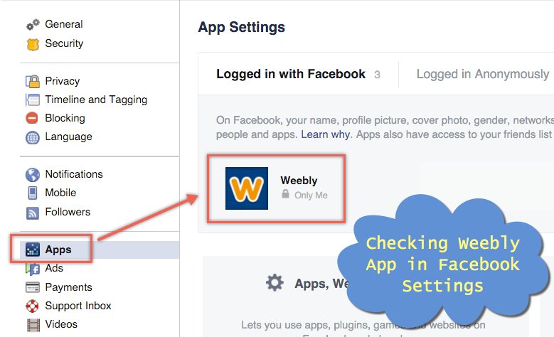 在 Facebook 设置中检查 Weebly 应用