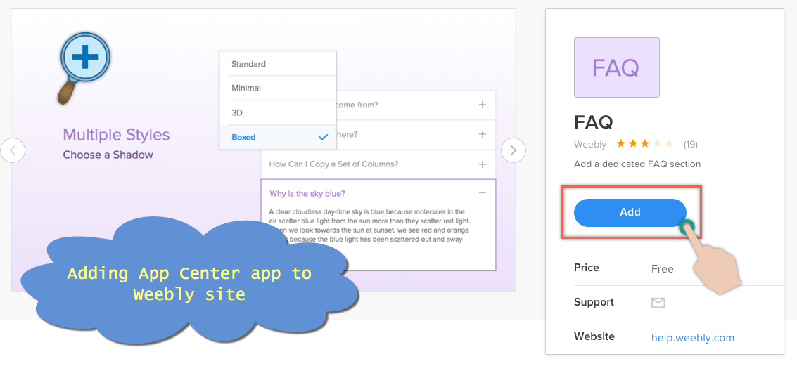 将 App Center 应用程序添加到 Weebly 站点