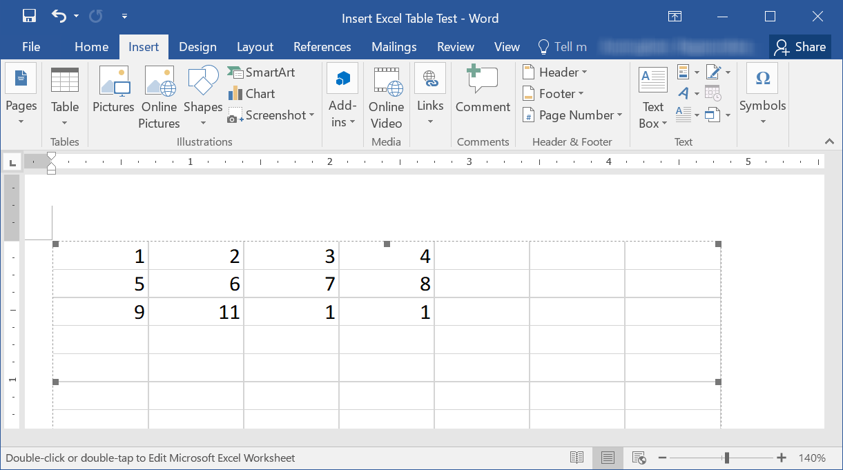 在 Word 中插入空白 Excel 工作表