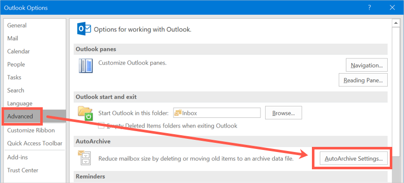 Outlook 中的自动存档设置