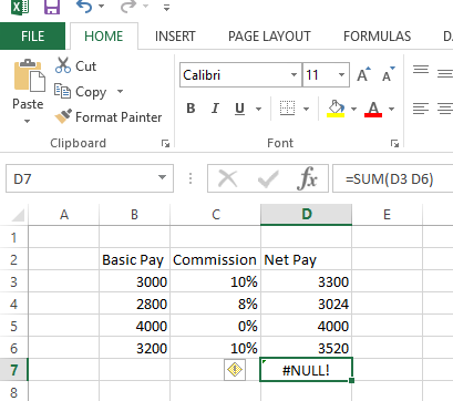 更正 Excel 中的 Null 错误