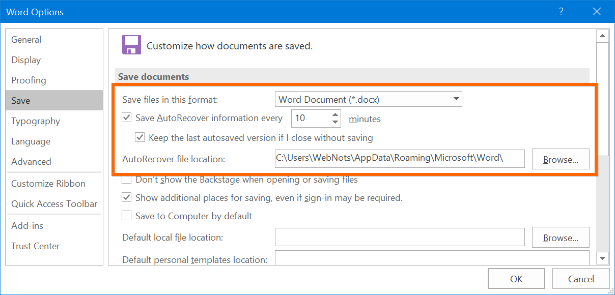 在 Microsoft Word 中设置自动恢复