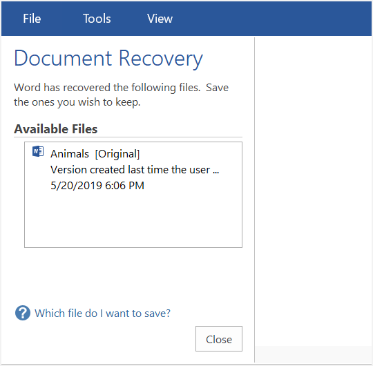 Word 中的文档恢复窗格