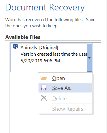 打开或保存恢复的文档