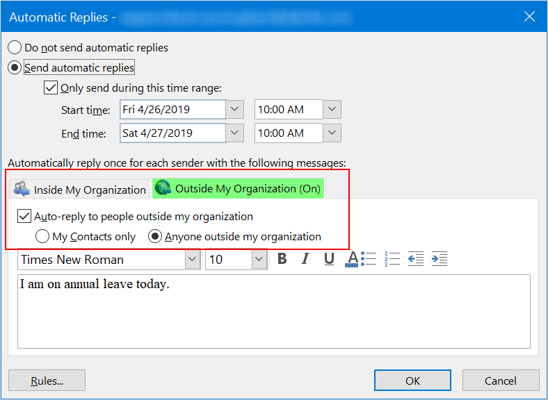 设置外部组织自动回复