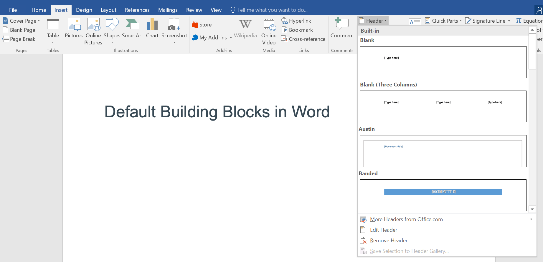 Microsoft Word 中的默认构建基块