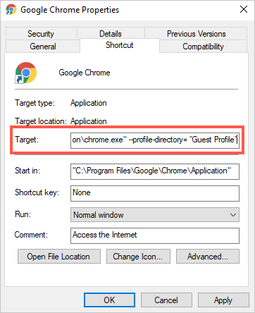 在快捷方式中更改 Chrome 目标