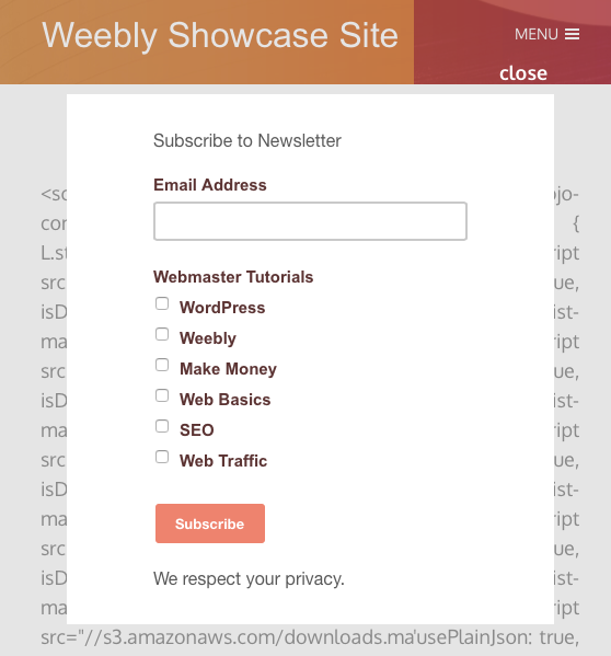 Weebly 网站中的 Mailchimp 弹出式注册表单