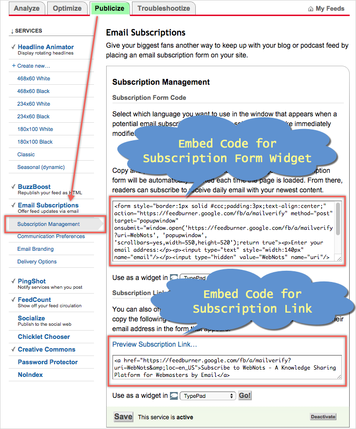从 Feedburner 获取嵌入代码