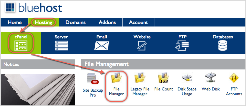 在 Bluehost 中打开文件管理器