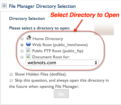 选择要在 Bluehost 文件管理器中打开的目录