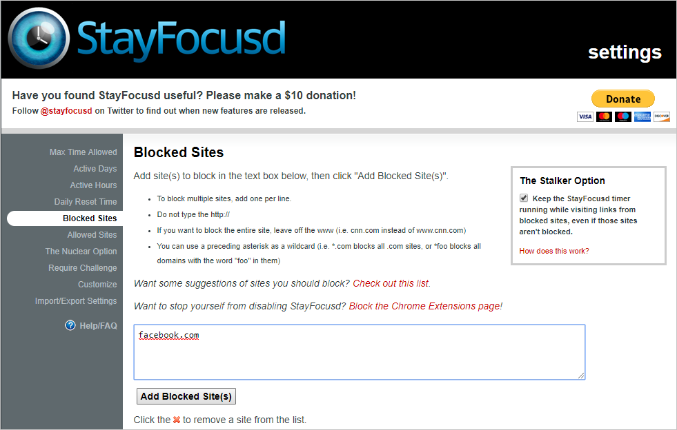 在 StayFocusd 中阻止站点