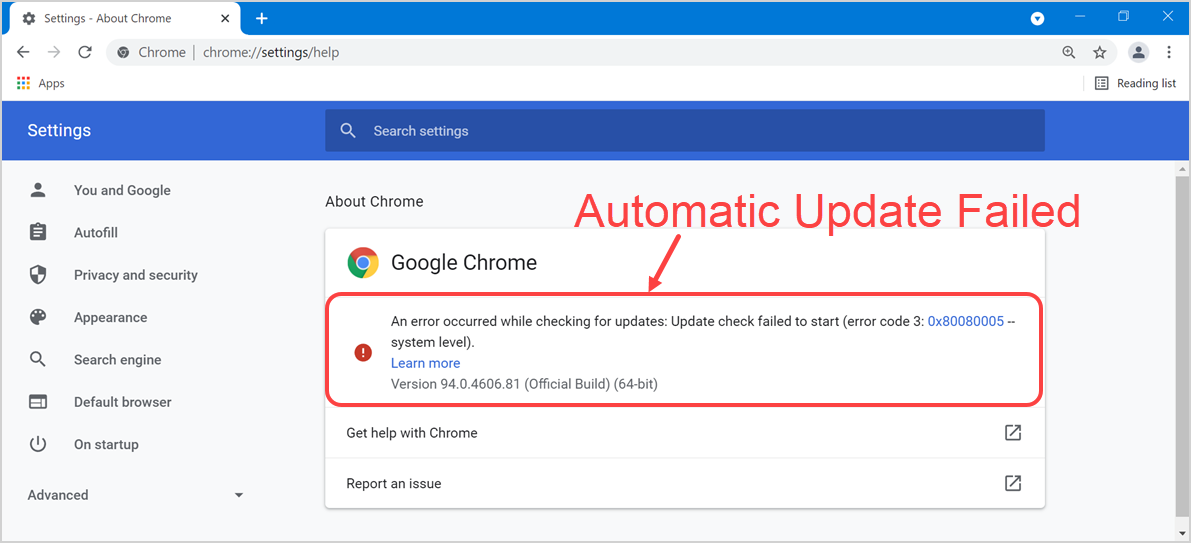 Chrome 更新失败并出现错误
