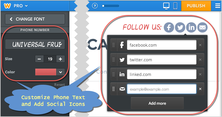 编辑标题中的电话号码和社交图标