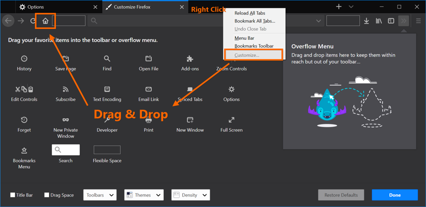 在 Firefox 中添加主页按钮