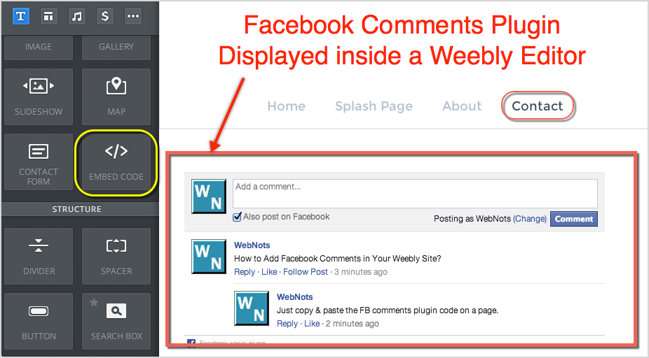 在 Weebly 编辑器中显示的 Facebook 评论插件