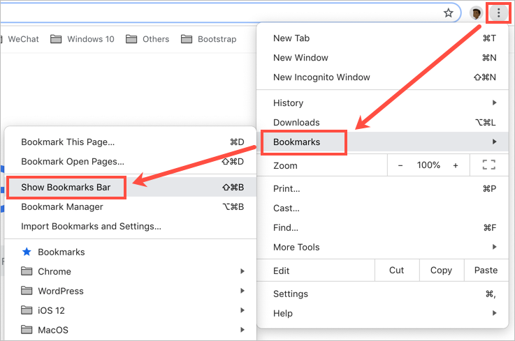 从菜单中显示或隐藏书签栏