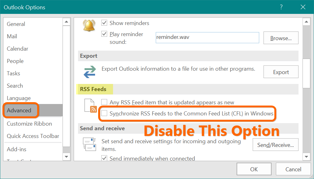 禁用 RSS 源同步