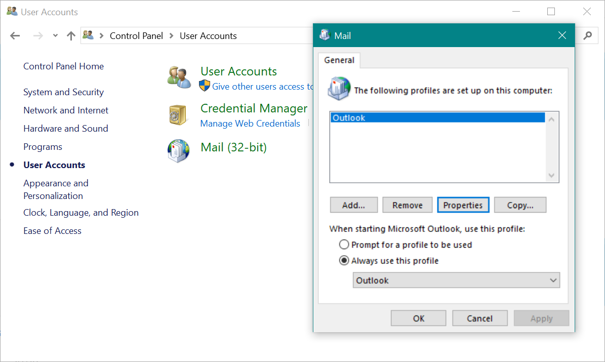 在 Outlook 中删除和创建配置文件