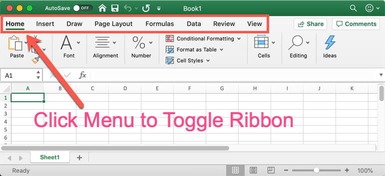 在 Excel Mac 中单击菜单以切换功能区
