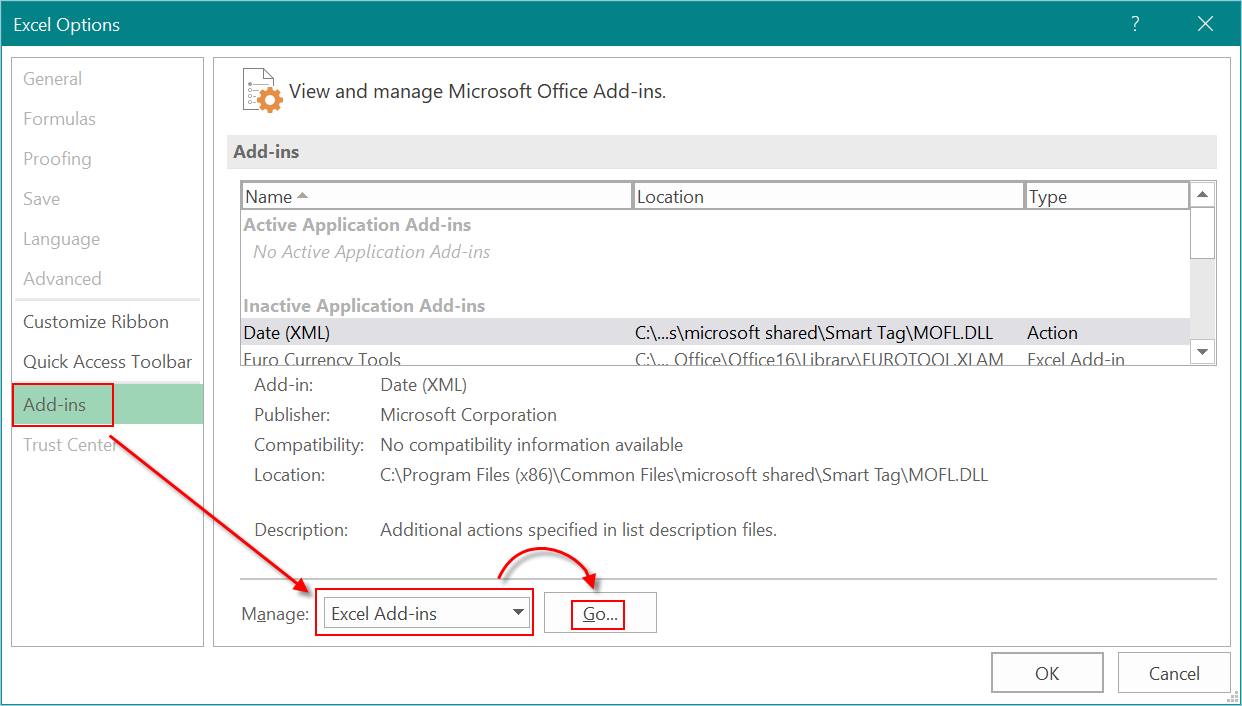 转到 Excel 加载项部分