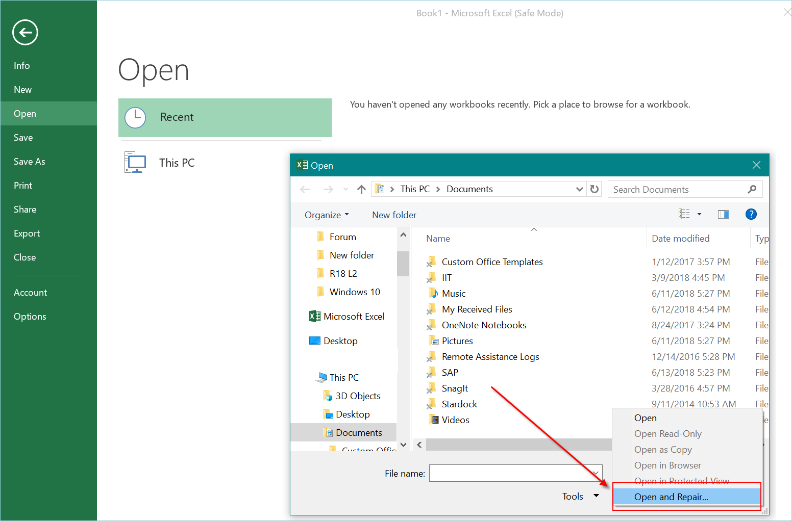 打开和修复 Excel