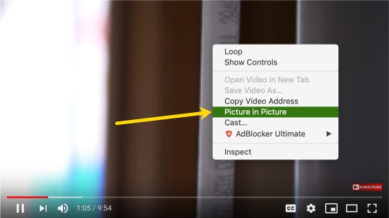 从右键单击 YouTube 视频中选择 PIP 模式