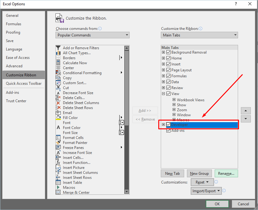 在 Excel 中启用开发人员选项卡