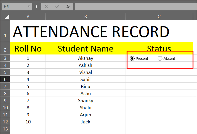 在单元格中添加单选按钮