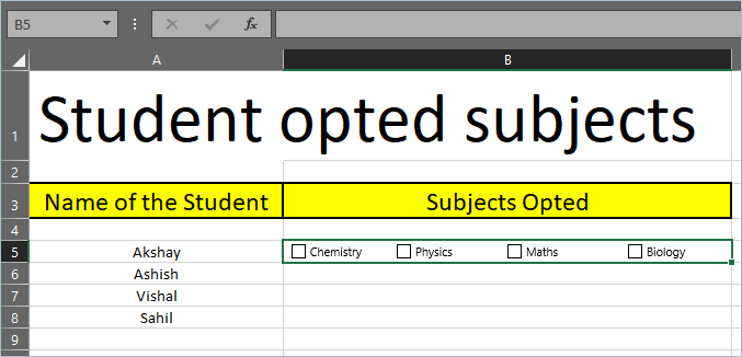 单元格中的多个复选框