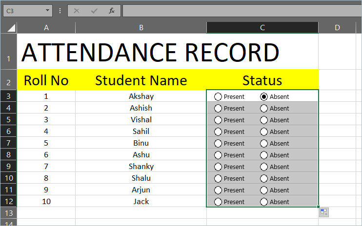 拖动以复制列中的单选按钮
