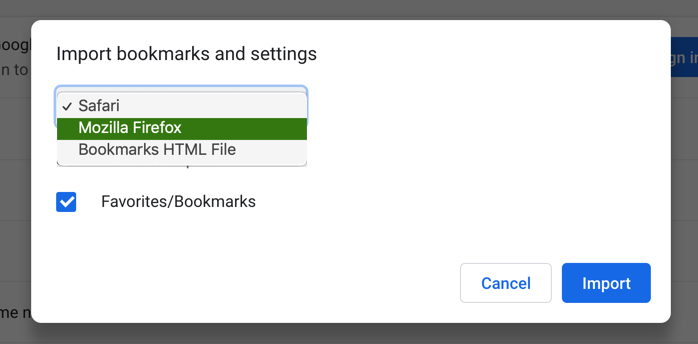 从导入列表中选择 Mozilla Firefox