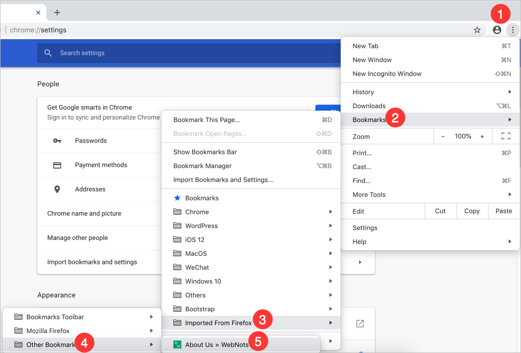 在 Chrome 中查看导入的书签