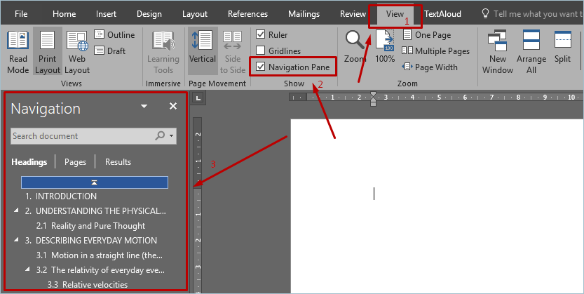 在 Word 2017 中打开导航窗格