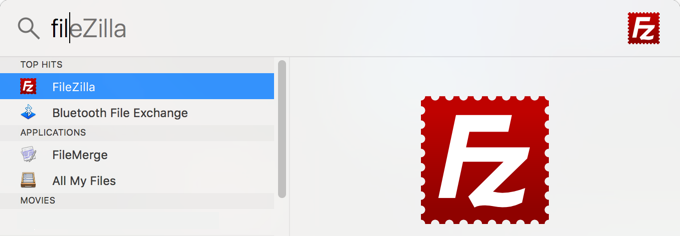 使用 Spotlight 搜索打开 FileZilla