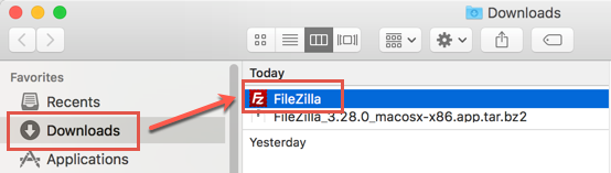 下载文件夹中的 FileZilla 应用程序文件