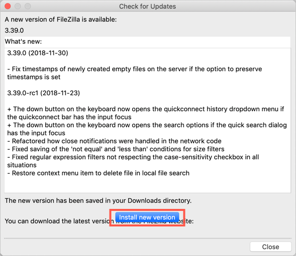 在 FileZilla 中安装新版本选项