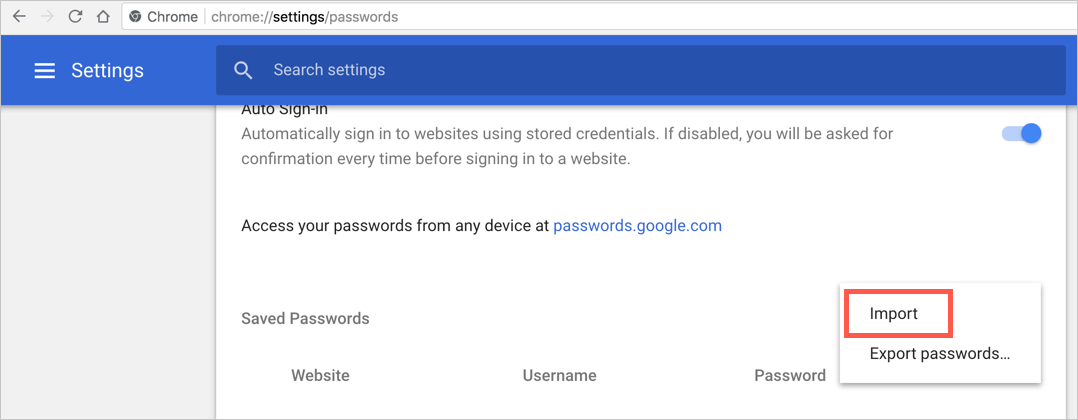 在 Chrome 中导入密码