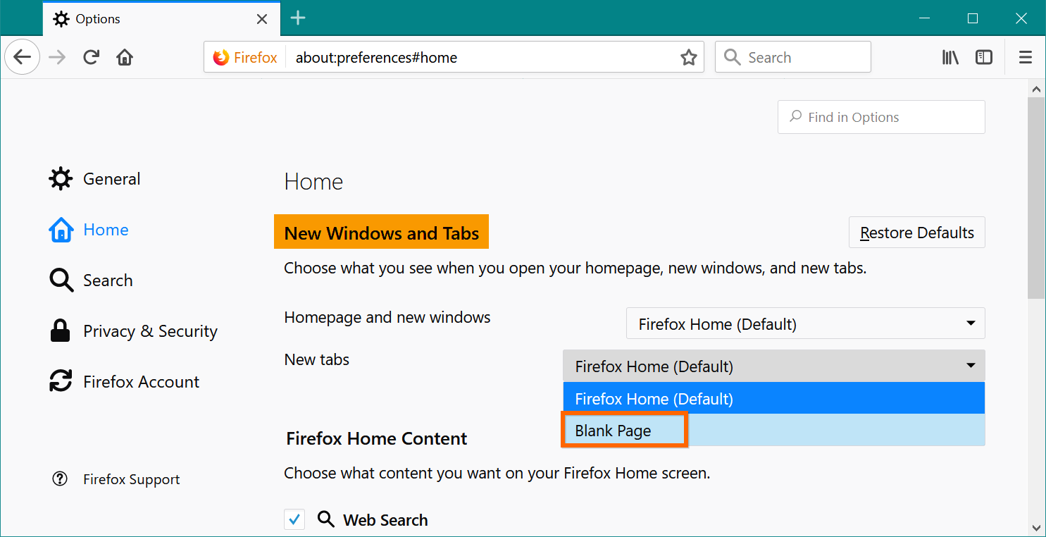 在 Firefox 中设置空白主页和新标签页