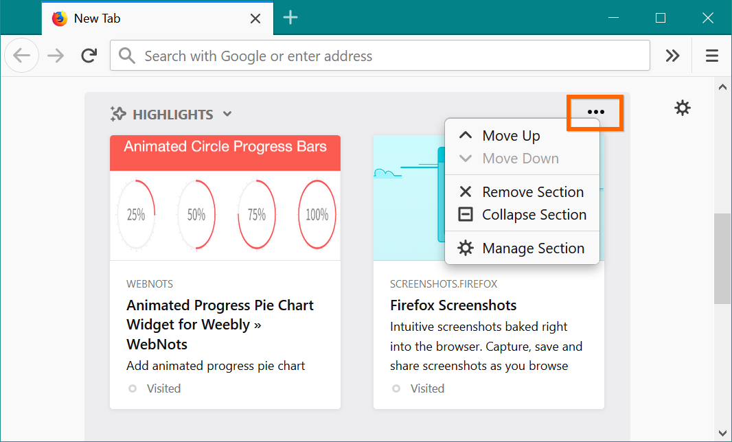 Firefox 主页中的管理部分