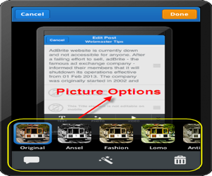 Weebly iPhone 应用程序中的图片编辑选项