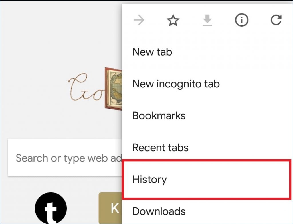Chrome 移动设备上的历史记录按钮