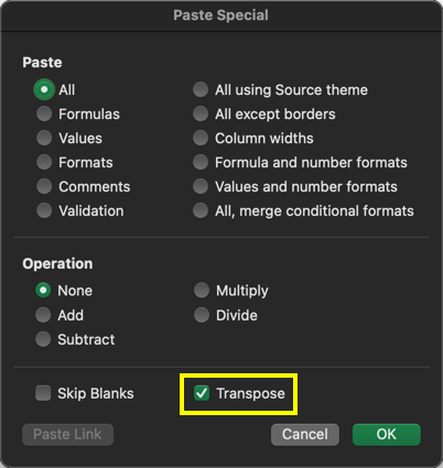 Transpose in Mac Excel