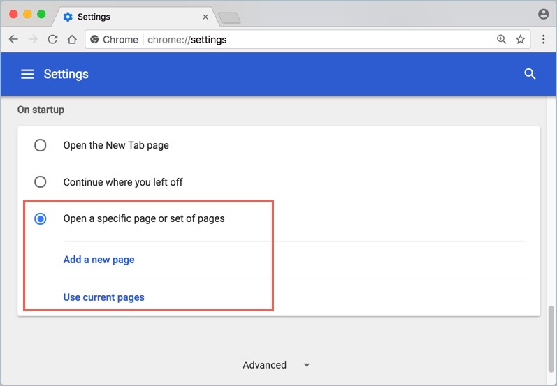 在 Chrome 中设置启动页面