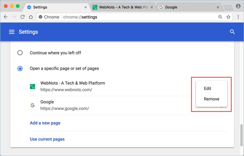 在 Chrome 中编辑或删除启动页