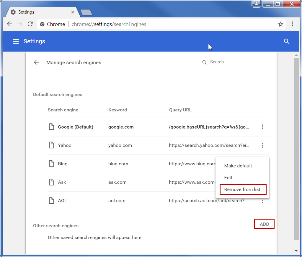 从列表中删除或添加搜索引擎