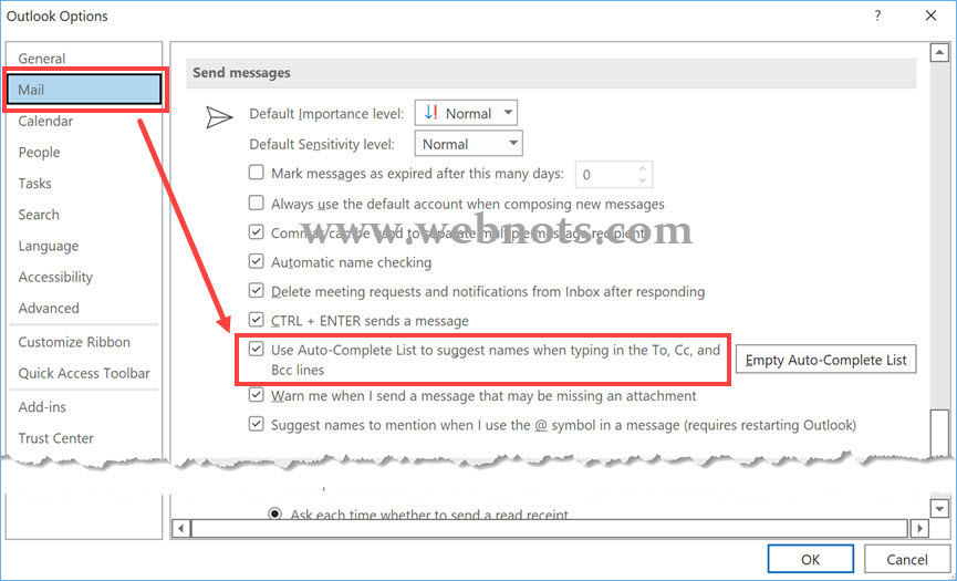 在 Outlook 电子邮件中禁用自动完成