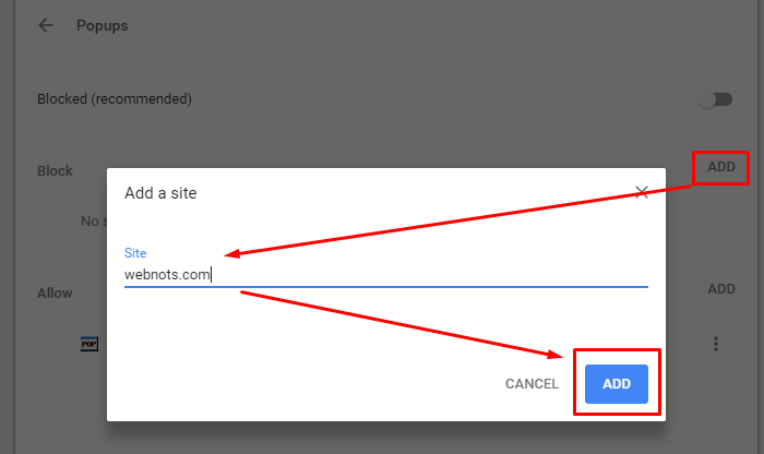 添加站点以阻止弹出窗口