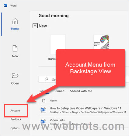 后台视图中的帐户菜单